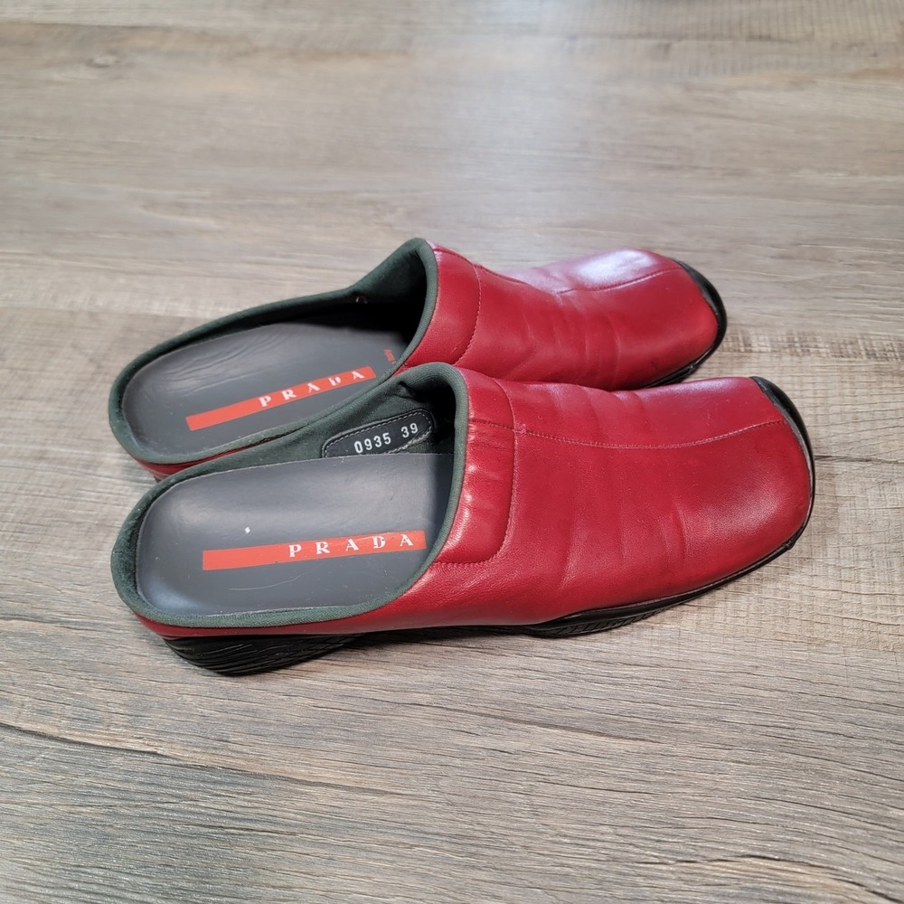 Prada Red Leather Clogs Size US 9 EU 39 Slip On 0935 Comfort Shoes Made in Italy